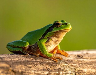 Fototapeta premium A green frog sitting on a rock with a blurred green background