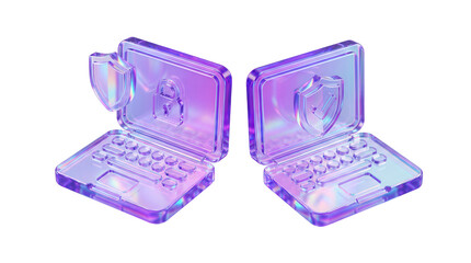 Set of laptop computer variations in holographic glass style with security shield and padlock symbols