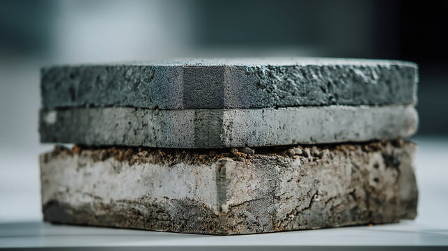 Stack of concrete samples showing different layers and textures for material science research. Close-up view of layered concrete samples, revealing diverse aggregate and binder compositions.