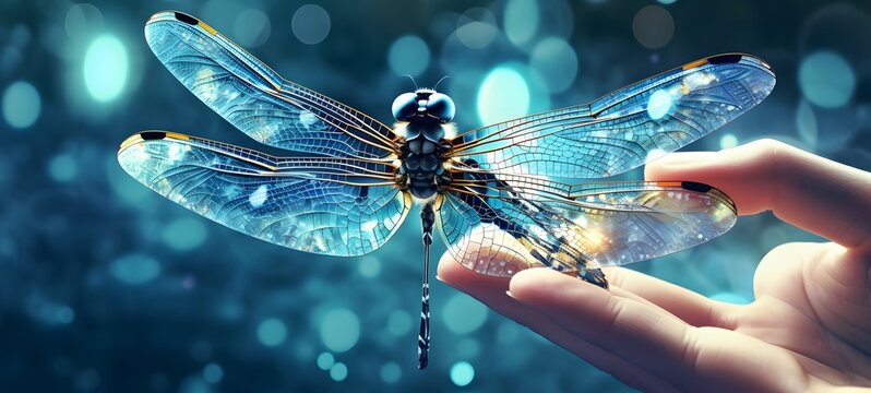 a hand wearing and aquamarine ring and holding an dragonfly out of the water ,generative AI