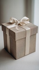 Obraz premium Elegant gift box with satin ribbon on neutral background ideal for celebrations