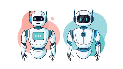 Fototapeta premium Two friendly white service robots standing side by side with digital icons for communication and power status on a modern minimalist background.