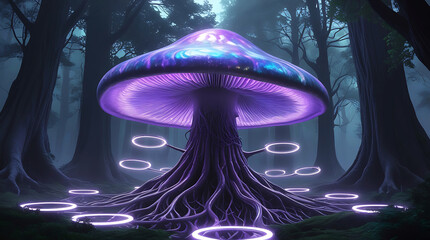 Mystical mushroom glow in enchanted forest