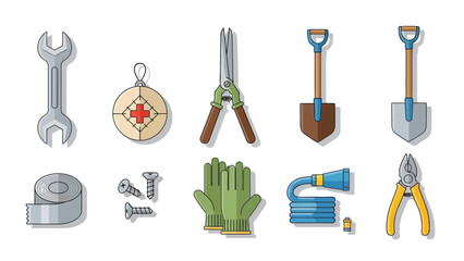 Obraz premium Collection of various tools and equipment displayed on a clean white surface viewed from directly above