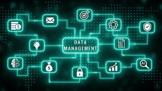 A glowing teal digital flowchart diagram with business and technology featuring DATAMANAGEMENT" text at its core, against a dark background with a digital map pattern