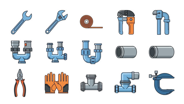 Collection of plumbing tools and pipe fittings displayed in a grid layout on a clean white background from a straightforward viewpoint