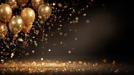 Golden balloons and confetti on black background