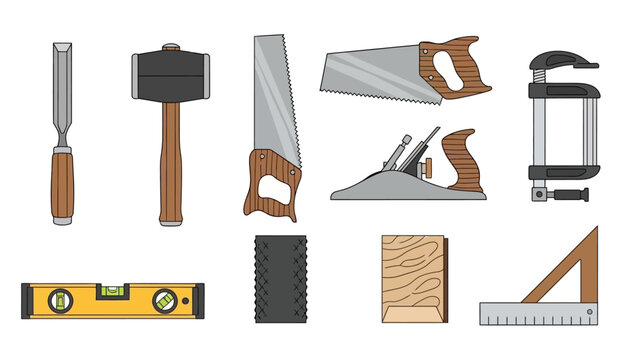 Various carpentry tools including chisel, hammer, saw, plane, clamp, level, sandpaper, woodblock, and set square arranged neatly on a clean surface
