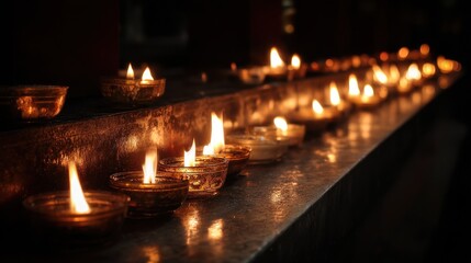 Lit candles in ornate glass bowls focus on flames