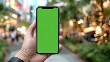 Person holding smartphone with green screen outdoors