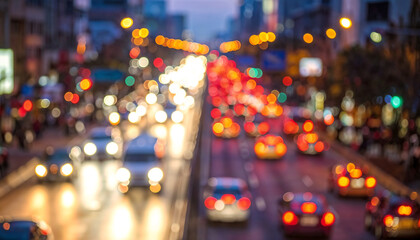 Blurry lights and city traffic at dusk