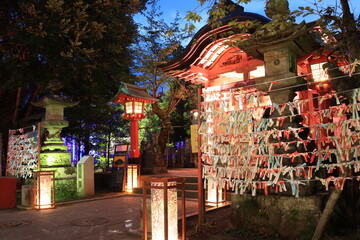 江ノ島にある神社や歩道がライトアップされた夜景
