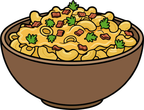Golden macaroni and cheese topped with bacon crumbles and parsley sprigs in brown bowl