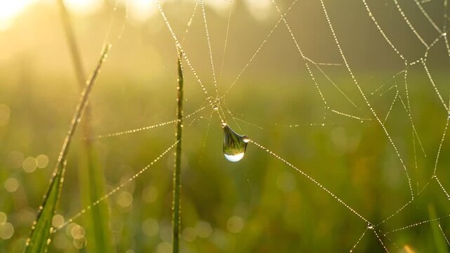 Close-up of a spider web with water droplets, illuminated by the morning sunlight, against a blurred green background.