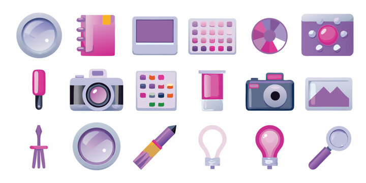 Collection of colorful glossy icons depicting various technology and beauty items