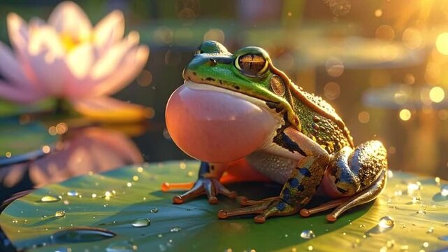 A vibrant green frog perched on a lily pad, with a soft focus background of water and a lotus flower.