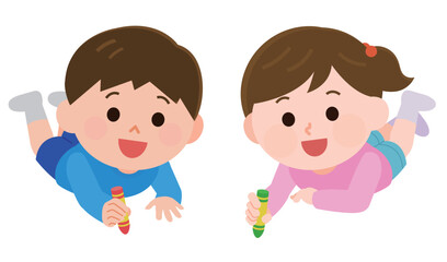 クレヨンでおえかきする男の子と女の子　イラスト