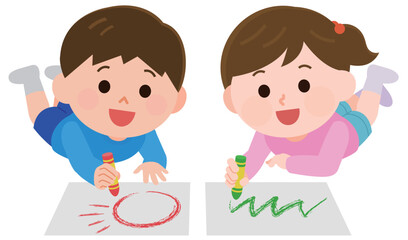クレヨンで画用紙におえかきする男の子と女の子　イラスト