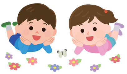 花畑で寝そべる男の子と女の子　イラスト