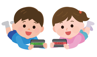 ゲーム機で遊ぶ男の子と女の子　イラスト