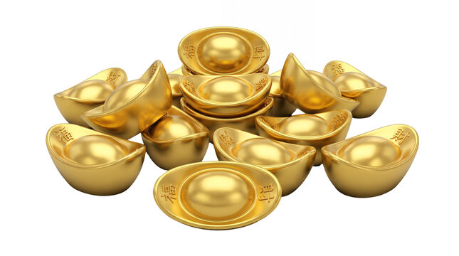 Traditional Chinese gold sycee ingots in glossy metallic style for lunar new year and wealth concept