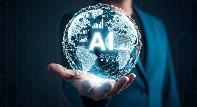 Close-up of a person in a blue suit holding a glowing blue globe with AI text and graphs in a dark background with a futuristic mood.