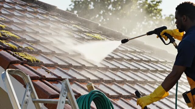 Worker cleans dirty roof tiles using high pressure washer. Water spray removes green moss from red roof. Man holds pressure washer gun. Cleaning service worker washes house roof. Water jet hits dirty