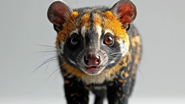 A captivating portrait of a civet cat, showcasing its unique patterned fur and expressive eyes against a neutral background.
