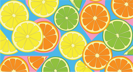 A colorful and vibrant graphic pattern featuring various citrus fruit slices like lemons, limes, and oranges on a blue and pink geometric background.