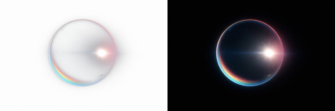 Abstract lens flare bubble circle, glowing rainbow halo ring with prism refraction and light glare, iridescent glass orb effect on transparent background.