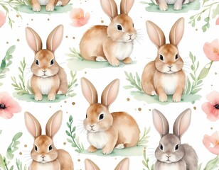Obraz premium Cute Baby Bunny Watercolor Seamless Pattern for Nursery Fabric and Wallpaper
