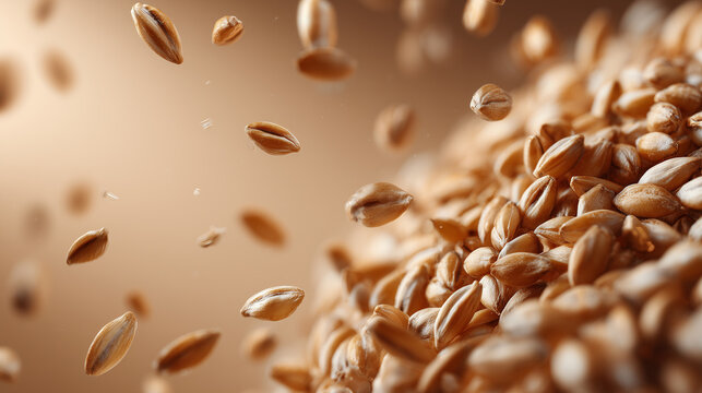 Flying grains of wheat in motion against warm background, close-up macro of falling cereal seeds