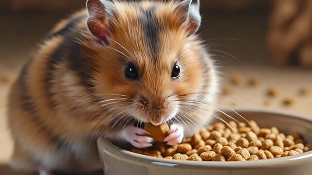 A cute hamster enjoying a meal from a ceramic bowl, with a soft background.