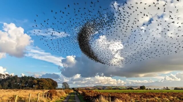 A mesmerizing murmuration of starlings, a natural spectacle against a vibrant blue sky with f clouds.