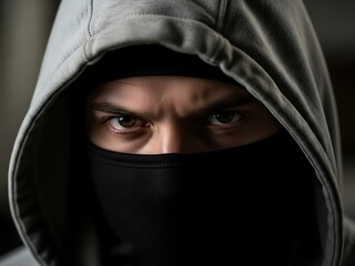 Naklejka premium Intense Close-up of a Man Wearing a Grey Hoodie and Black Face Mask.