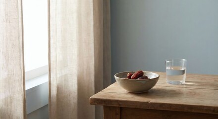 A serene, minimalist scene featuring a bowl of dates and a glass of water on a rustic wooden table by a window with soft natural light, symbolizing breaking the fast or a healthy morning snack.