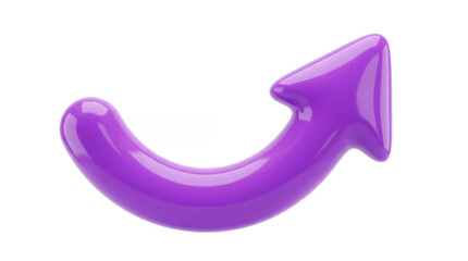 Glossy purple curved arrow in 3d plastic style. Minimalist directional pointer for navigation and growth marketing.