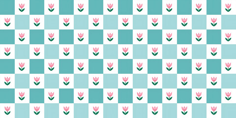 Fototapeta premium Seamless checkered pattern with pink tulip flowers on teal and white background. Cute floral geometric wallpaper for spring season, garden themes, textile design, and feminine branding.