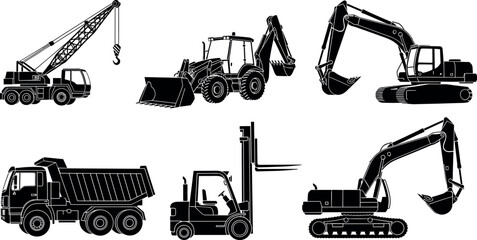 Heavy construction equipment silhouettes set including crane excavator backhoe dump truck and forklift machines isolated on white background for industrial design © Shafali