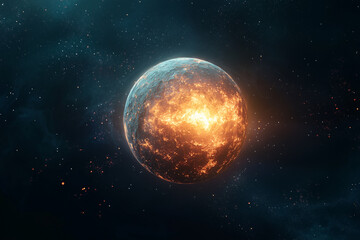 Obraz premium Fiery planet in space with glowing surface against a cosmic background