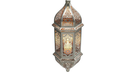 Ornate white lantern with intricate cutouts and warm light inside isolated on a transparent background