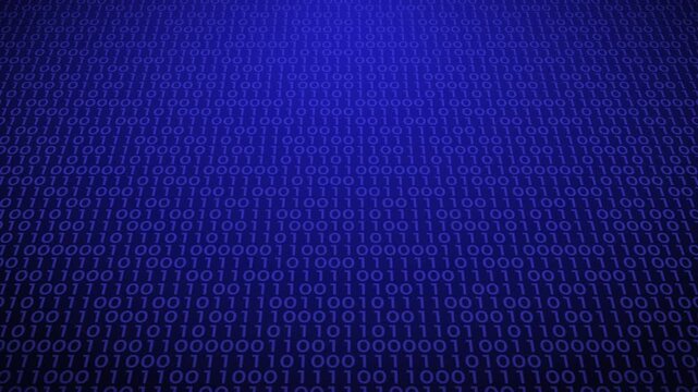 Blue binary code matrix with digital rain effect. Deep blue gradient background with luminous data streams for cybersecurity, tech vlogs, AI and cloud computing projects.