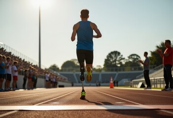 Fototapeta premium Running athlete with prosthetic leg crossing finish line at stadium track in sunlight, crowd applauding