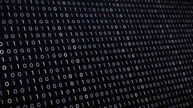 Angled view of white binary code scrolling diagonally against a dark background. A classic representation of data processing, computer programming, and digital information flow.