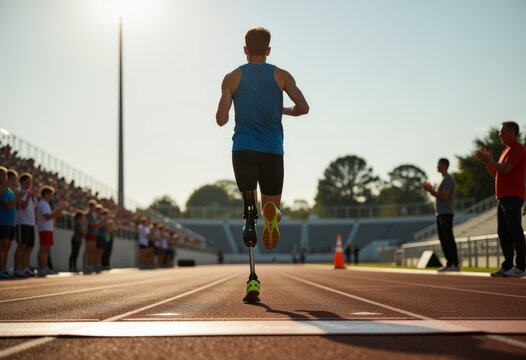 Running athlete with prosthetic leg crossing finish line at stadium track in sunlight, crowd applauding