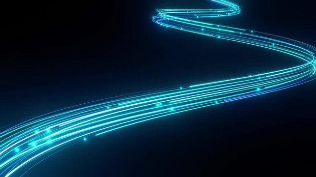 暗闇をウェーブして流れる青い光線の3DCGアニメーション。抽象的でスタイリッシュな4K動画の背景素材。最先端のIT技術や通信事業のプロモーションに適したイメージ映像