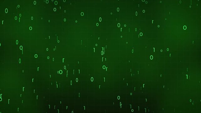 Falling green binary rain matrix effect with floating zeros and ones. A dynamic cyber background reminiscent of classic hacker movies and digital data streams.