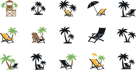 Tropical beach vacation icons set with palm trees, sun loungers, umbrellas and lifeguard tower, summer holiday leisure illustration isolated on white © Shafali