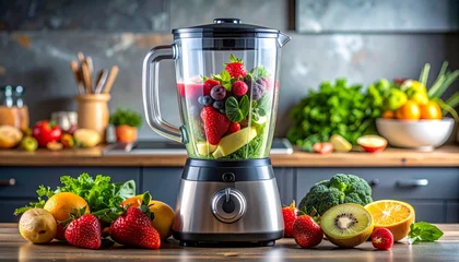 Blender filled with fruit and greens on a kitchen counter surrounded by fresh produce. © avivmuzi