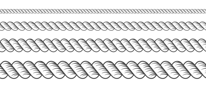 Rope brush pattern with nautical cord border and decorative knot. Seamless vector design featuring marine cable element, vintage sailor braid and elegant woven textures for frames.